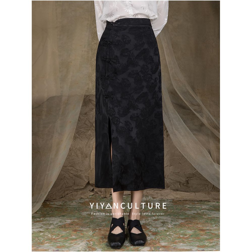 YY Yiyan New Chinese style Acetic Acid Satin Jacquard Half length Skirt with Chinese style Retro Buckle and Fork High Waist Design Children s Dress image 1
