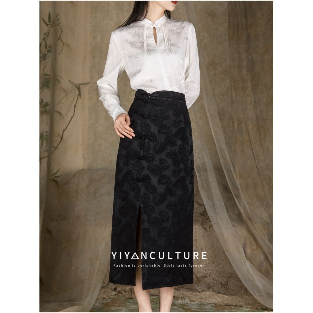 YY Yiyan New Chinese style Acetic Acid Satin Jacquard Half length Skirt with Chinese style Retro Buckle and Fork High Waist Design Children s Dress image 2