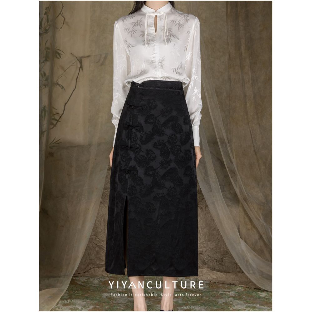 YY Yiyan New Chinese style Acetic Acid Satin Jacquard Half length Skirt with Chinese style Retro Buckle and Fork High Waist Design Children s Dress image 4