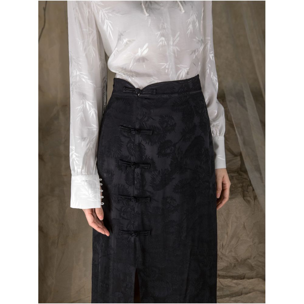 YY Yiyan New Chinese style Acetic Acid Satin Jacquard Half length Skirt with Chinese style Retro Buckle and Fork High Waist Design Children s Dress image 5