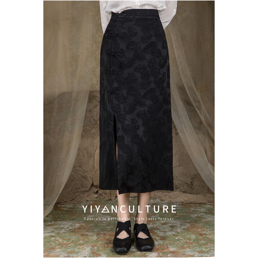 YY Yiyan New Chinese style Acetic Acid Satin Jacquard Half length Skirt with Chinese style Retro Buckle and Fork High Waist Design Children s Dress image 7