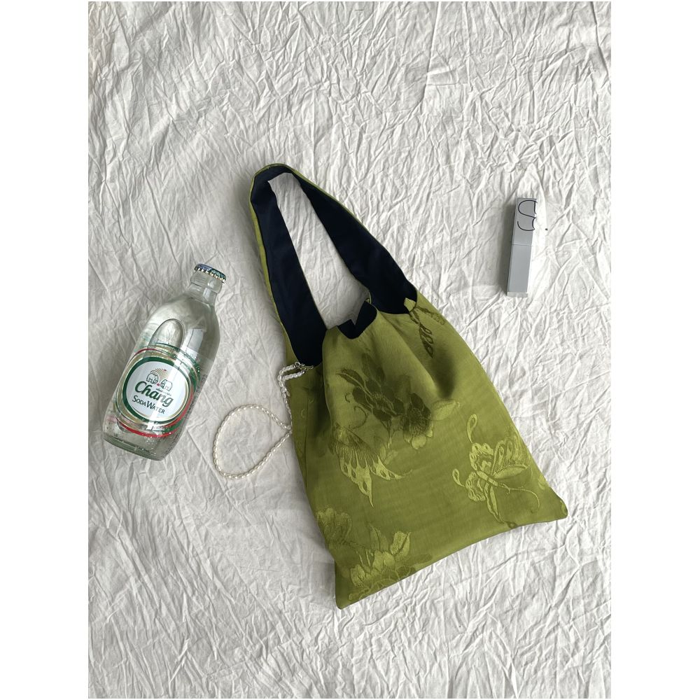 Appreciating Pearl Matcha Green Butterfly Jacquard Tank Top with New Chinese Retro Style Small Hand Carrying Cloth Bag image 1