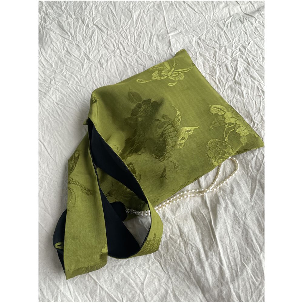 Appreciating Pearl Matcha Green Butterfly Jacquard Tank Top with New Chinese Retro Style Small Hand Carrying Cloth Bag image 6