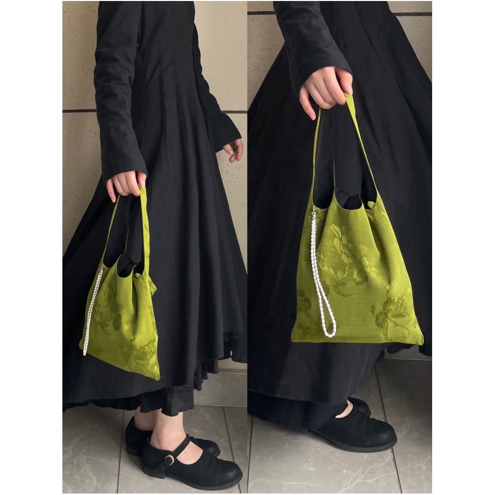 Appreciating Pearl Matcha Green Butterfly Jacquard Tank Top with New Chinese Retro Style Small Hand Carrying Cloth Bag image 8
