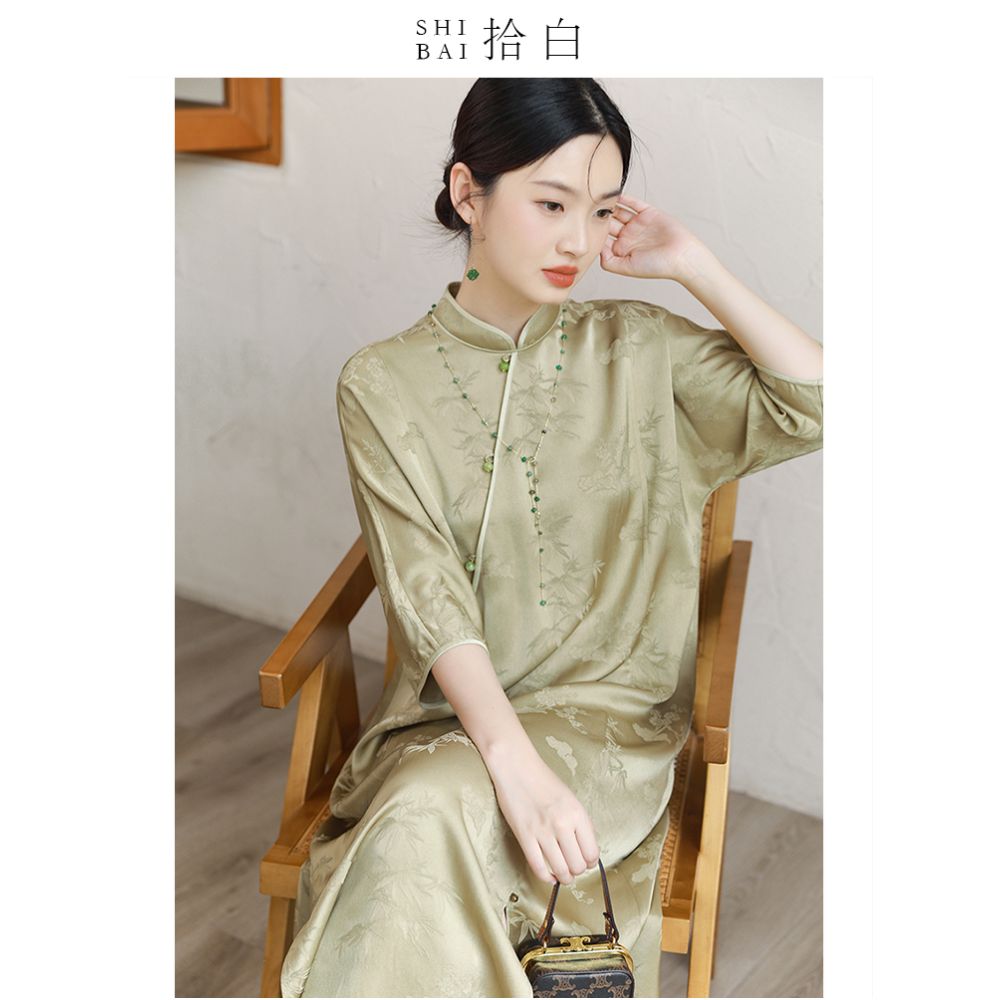 SHIBAI White New Chinese Original Summer Improvement Cheongsam Style Simple and Elegant Standing Collar Long Dress image 15