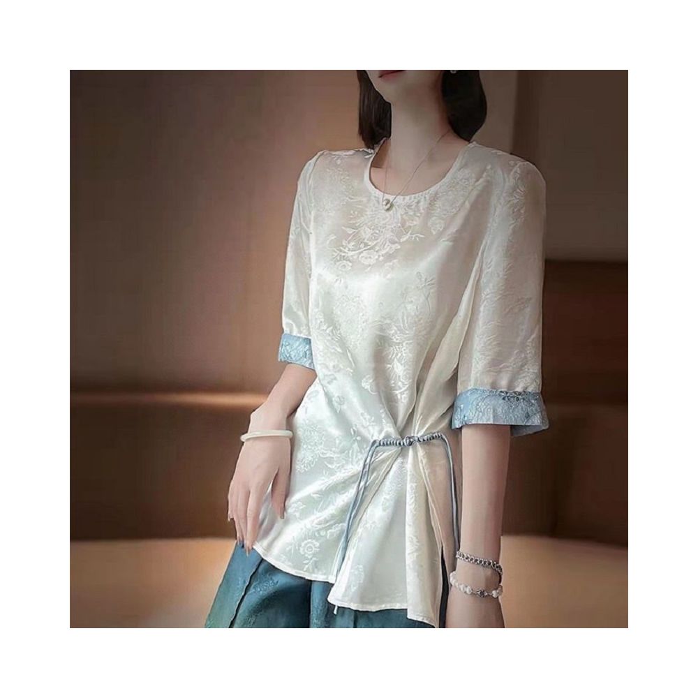 New Chinese style irregular waist slimming shirt new Chinese style loose jacquard mid sleeved Hanfu round neck top with button closure image 9