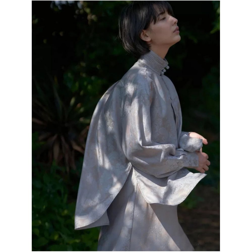 WINNI CELH Spring Summer New Chinese Stand up Collar Jacquard Buckle Loose Edition Shirt Strap Dress Set image 6