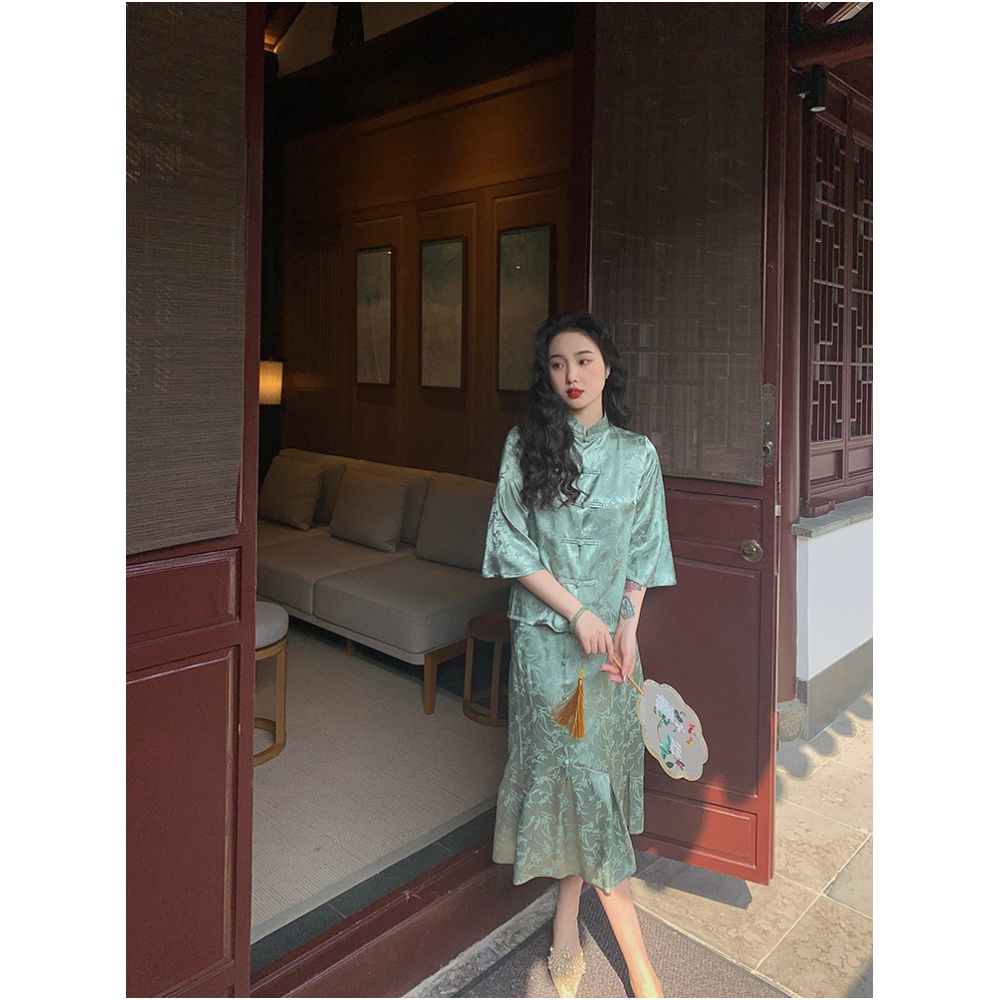 Lujin Homemade Painting Fan Retro Satin National Style Girl Retro Bottom Skirt New Chinese Blue Green image 13