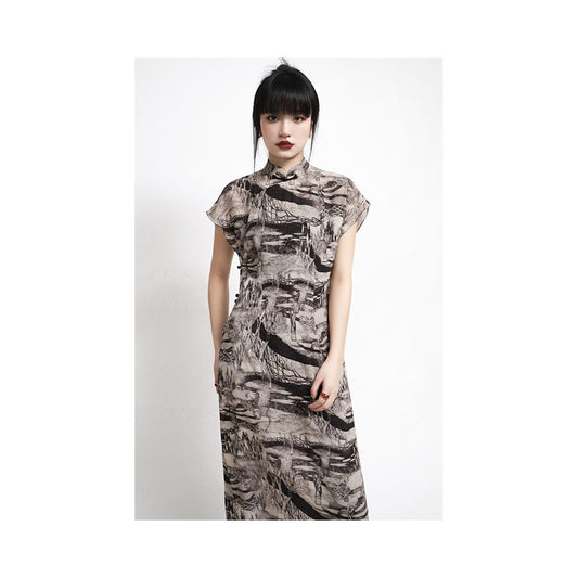 Asaya649- APOZi Ink Mark Series New Chinese style High slit Improved Cheongsam Dress Women s Abstract Printed Retro Long Dress