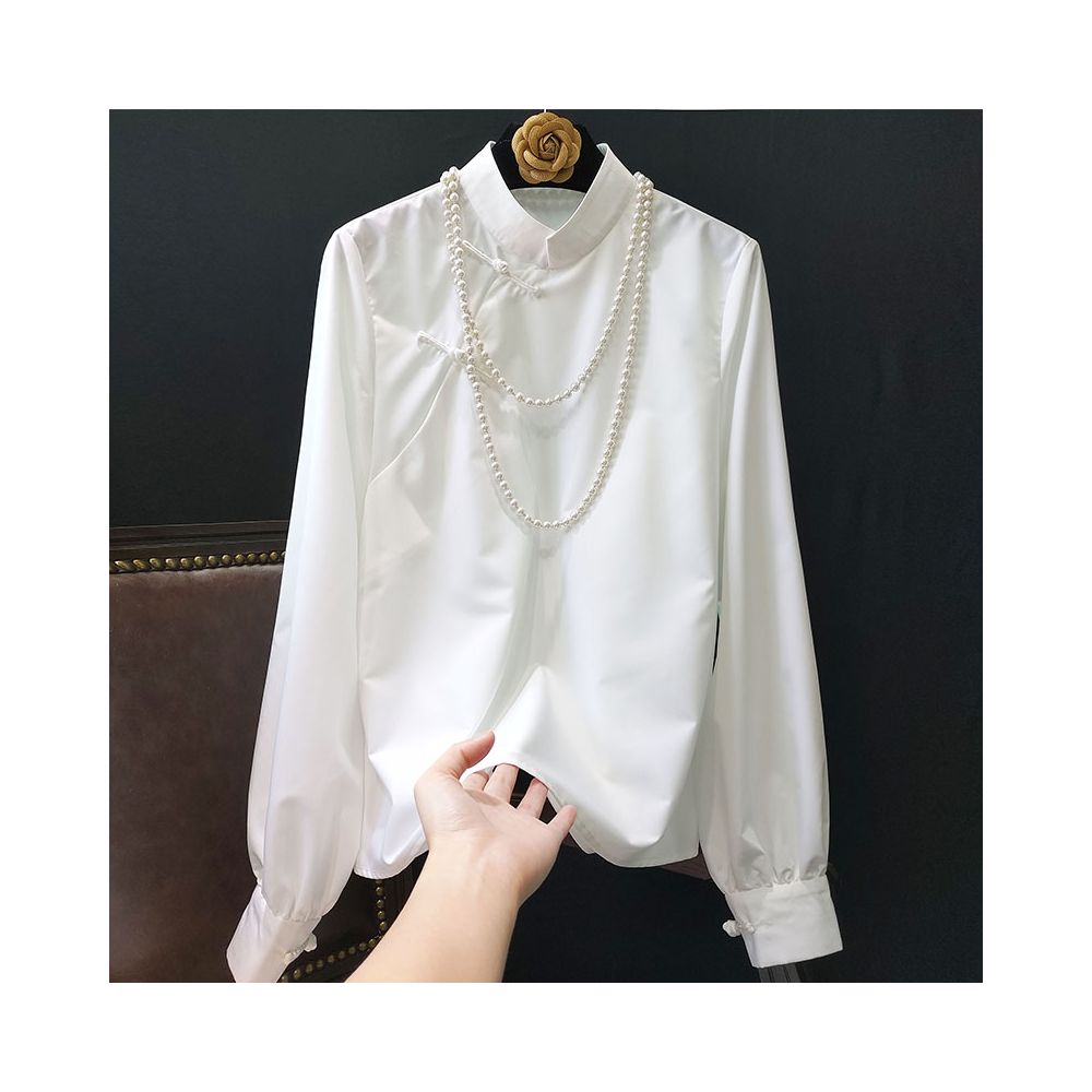 White pure cotton shirt women s 2025 spring new retro stand collar button long sleeve versatile casual top shirt image 14