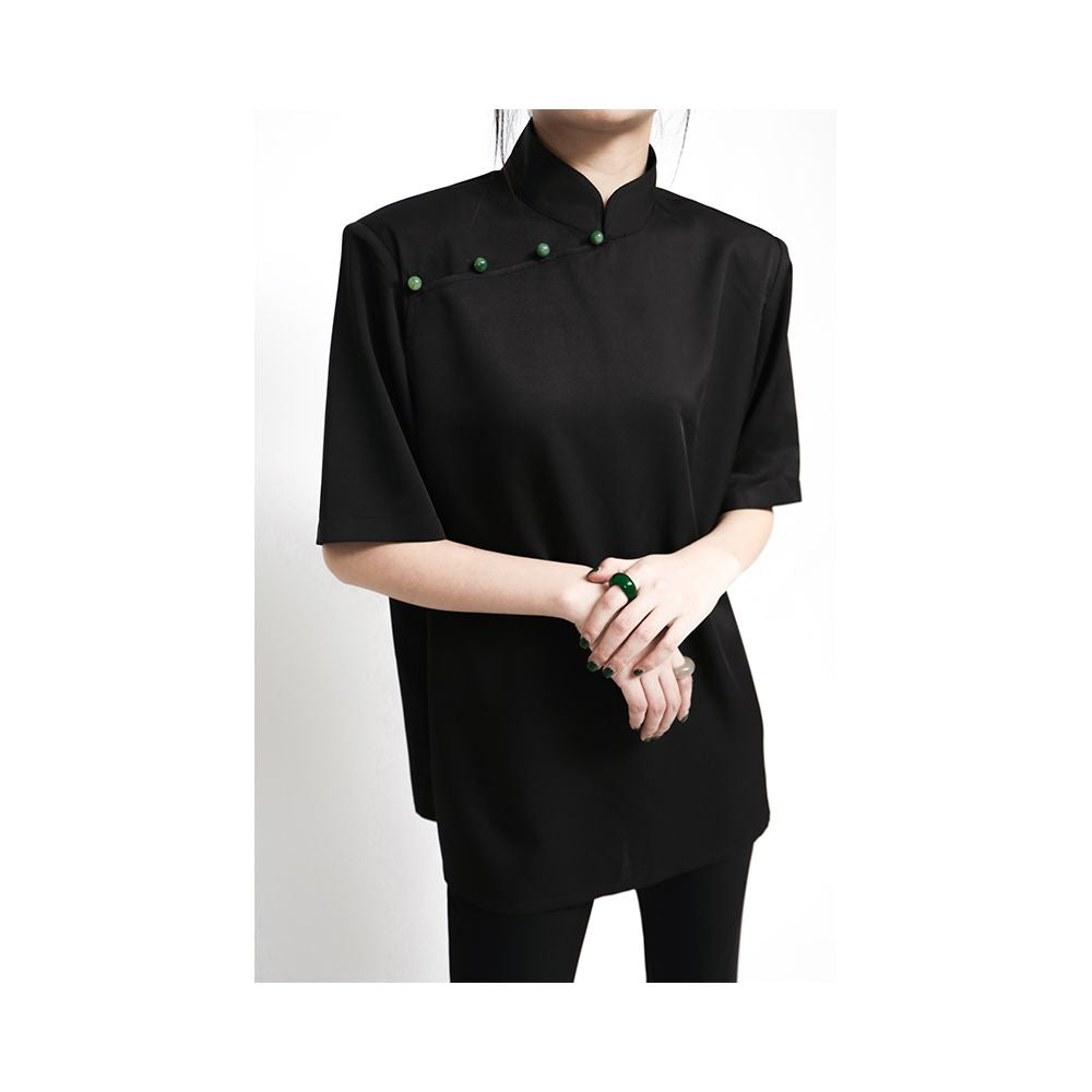 APOZi Ink Stain Series Black New Chinese style Stand up Collar Shoulder Cushion Short Sleeve Shirt for Women with a Design Sense and a Small Interest Summer Top image 7