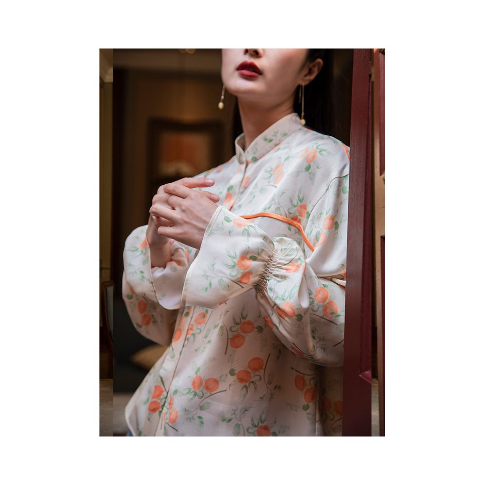 Interface persimmon ruyi Japanese simulation silk spring drawstring design long sleeved printed shirt top for women image 46
