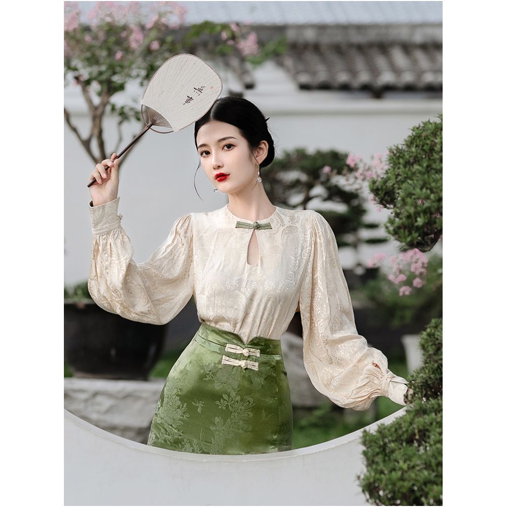 New Chinese style retro improved button down shirt cheongsam women s long sleeved jacquard top French skirt two piece set image 6
