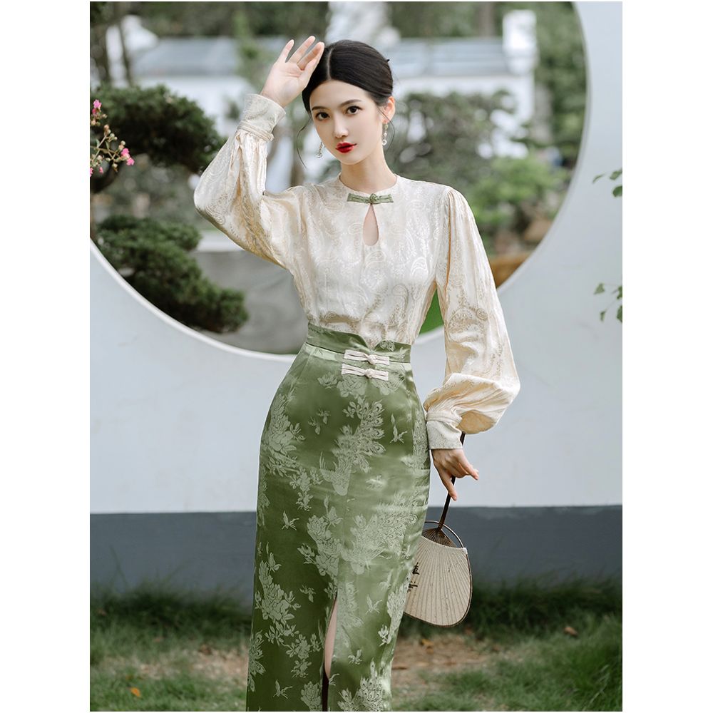 Asaya618 - New Chinese style retro improved button down shirt cheongsam women s long sleeved jacquard top French skirt two piece set
