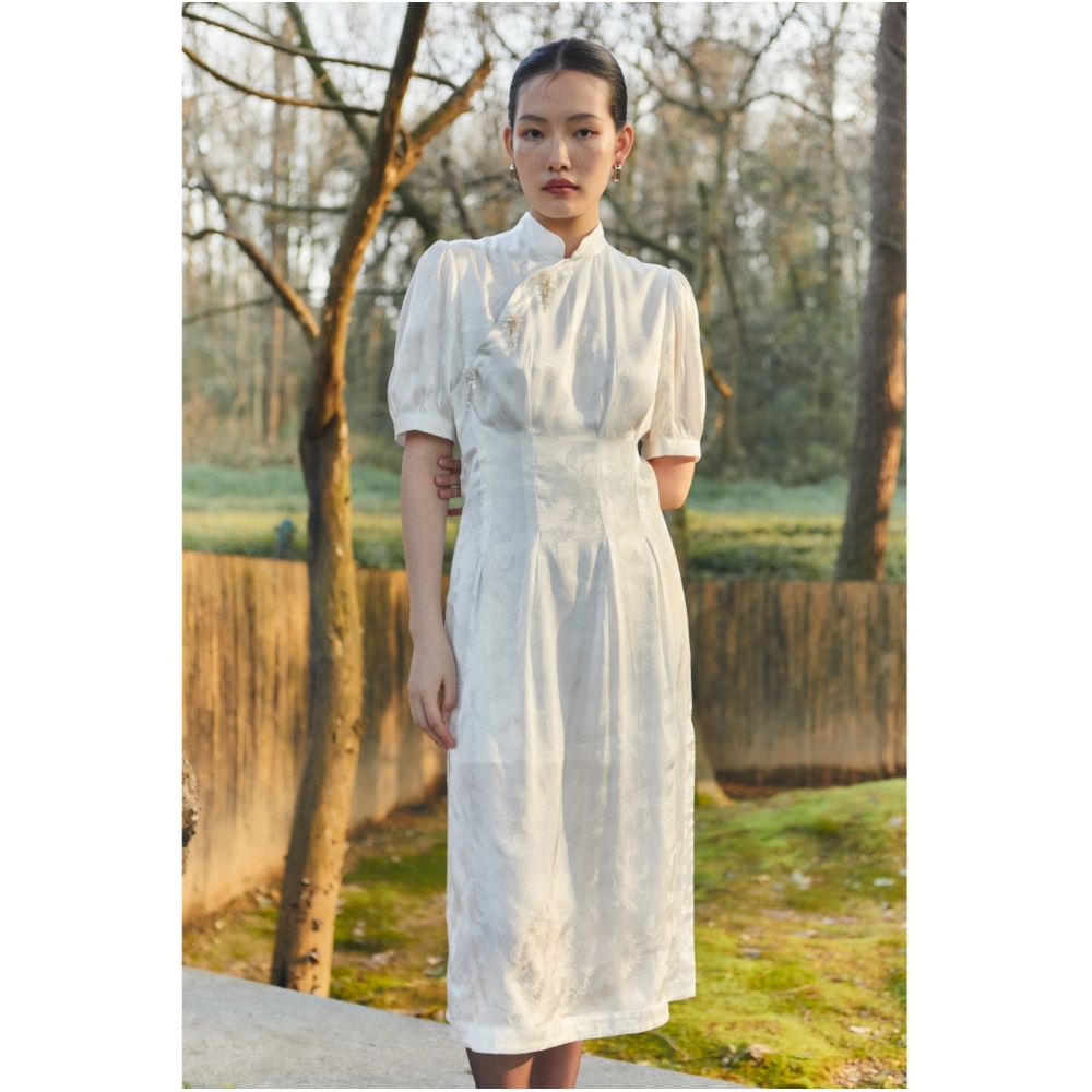 PaleBlueDot Original Design New Chinese White Jacquard Improved Cheongsam Dress Spring Summer image 0