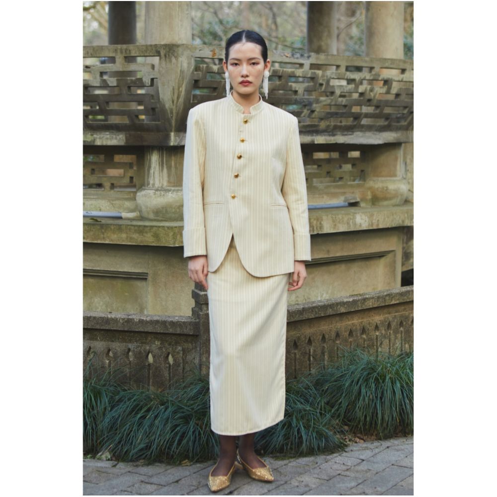 PaleBlueDot Original Design New Chinese Striped Stand up Collar Zhongshan Suit Half Skirt Set image 2