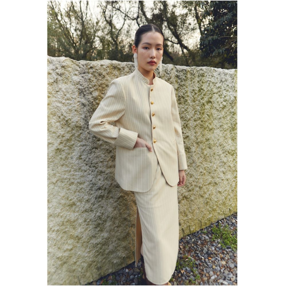 PaleBlueDot Original Design New Chinese Striped Stand up Collar Zhongshan Suit Half Skirt Set image 3