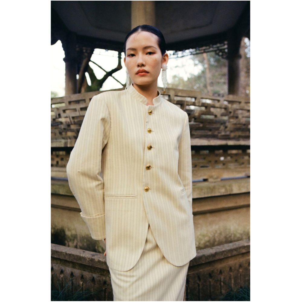 PaleBlueDot Original Design New Chinese Striped Stand up Collar Zhongshan Suit Half Skirt Set image 18