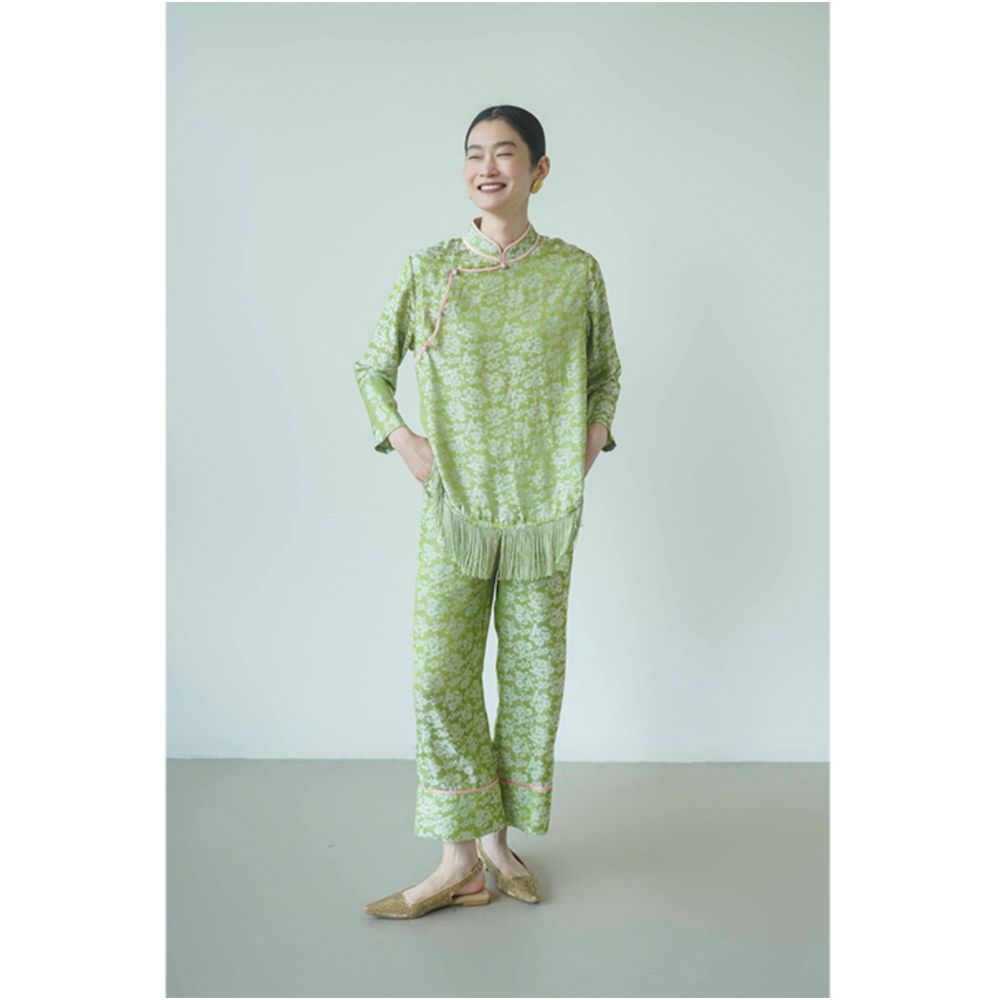 PaleBlueDot Original Design New Chinese Green Pink Jacquard Tassel Chinese Top and Pants Set image 6
