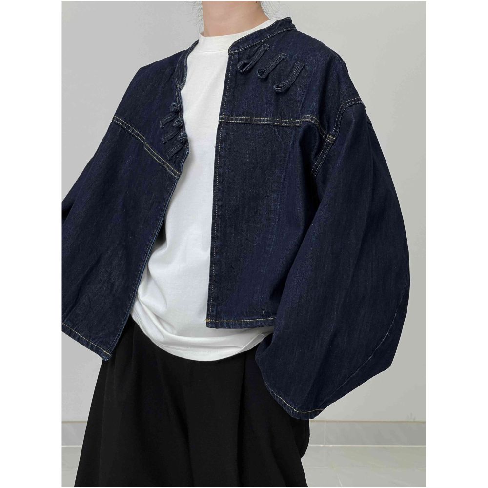 In stock you are the love I hide in my heart Diagonal placket new Chinese style buckle denim jacket image 1