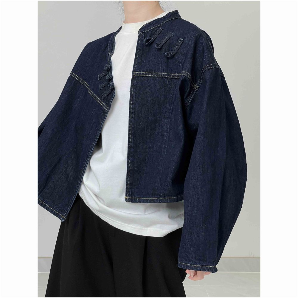 In stock you are the love I hide in my heart Diagonal placket new Chinese style buckle denim jacket image 7