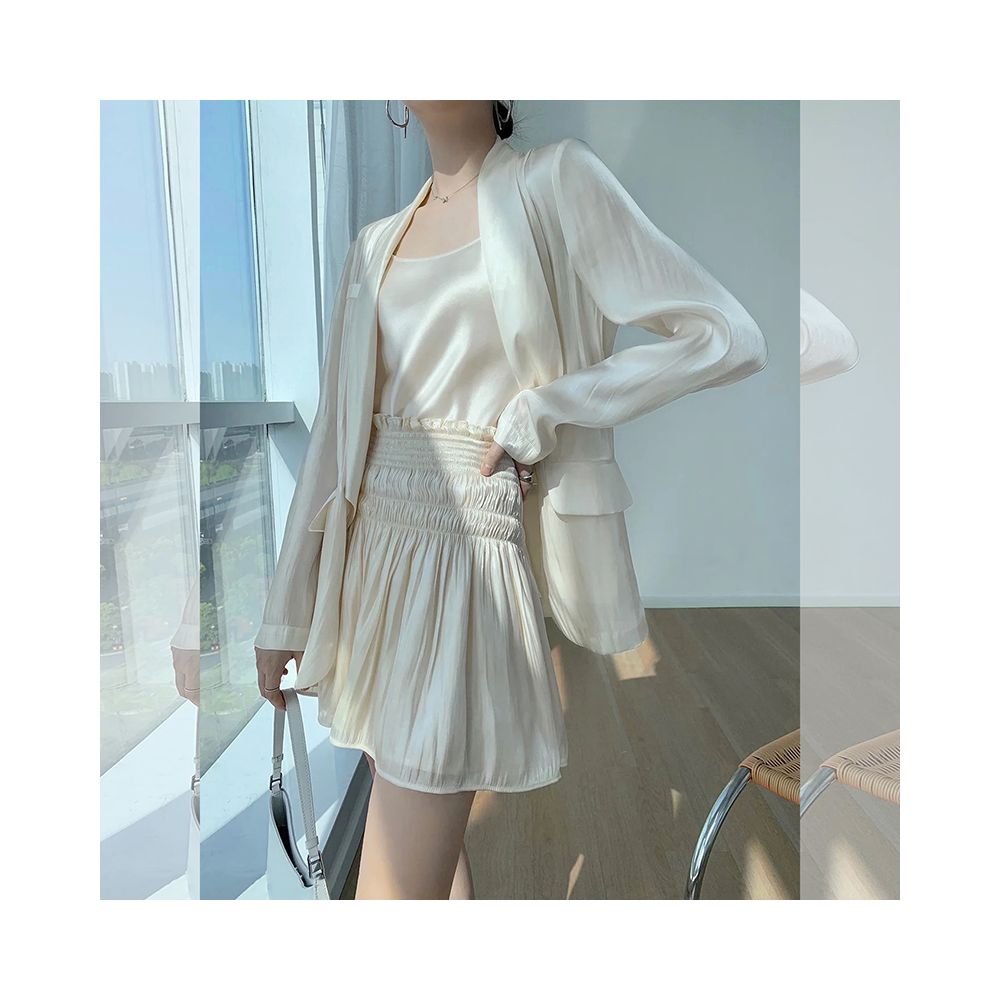 Asaya575  - Light luxury autumn new style flowing light and colorful water and light sensation goddess three piece set green fruit collar suit high waist wide leg pants skirt pants
