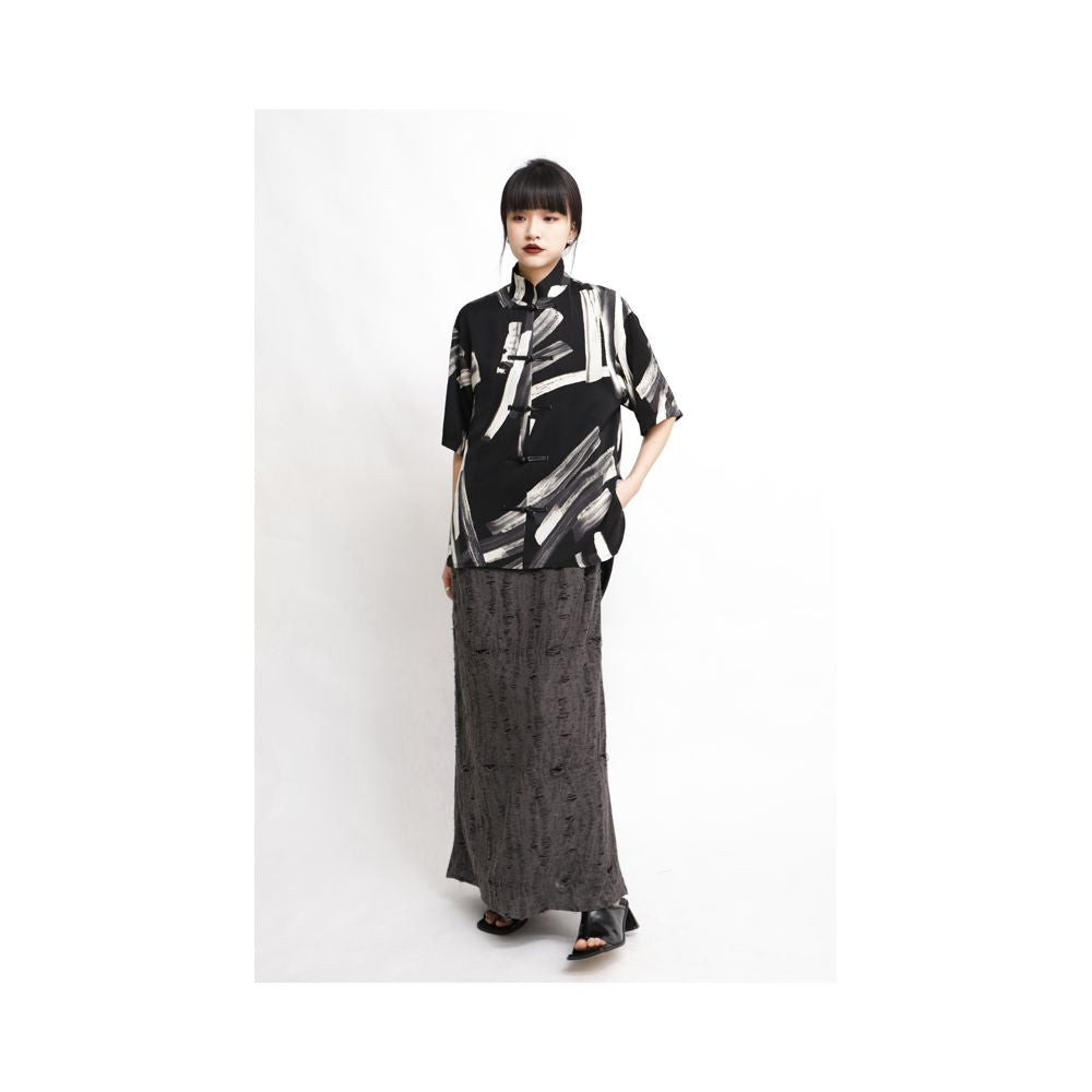 APOZi textured series unisex new Chinese style printed stand up collar button up shirt for spring and autumn new vintage shirt image 3