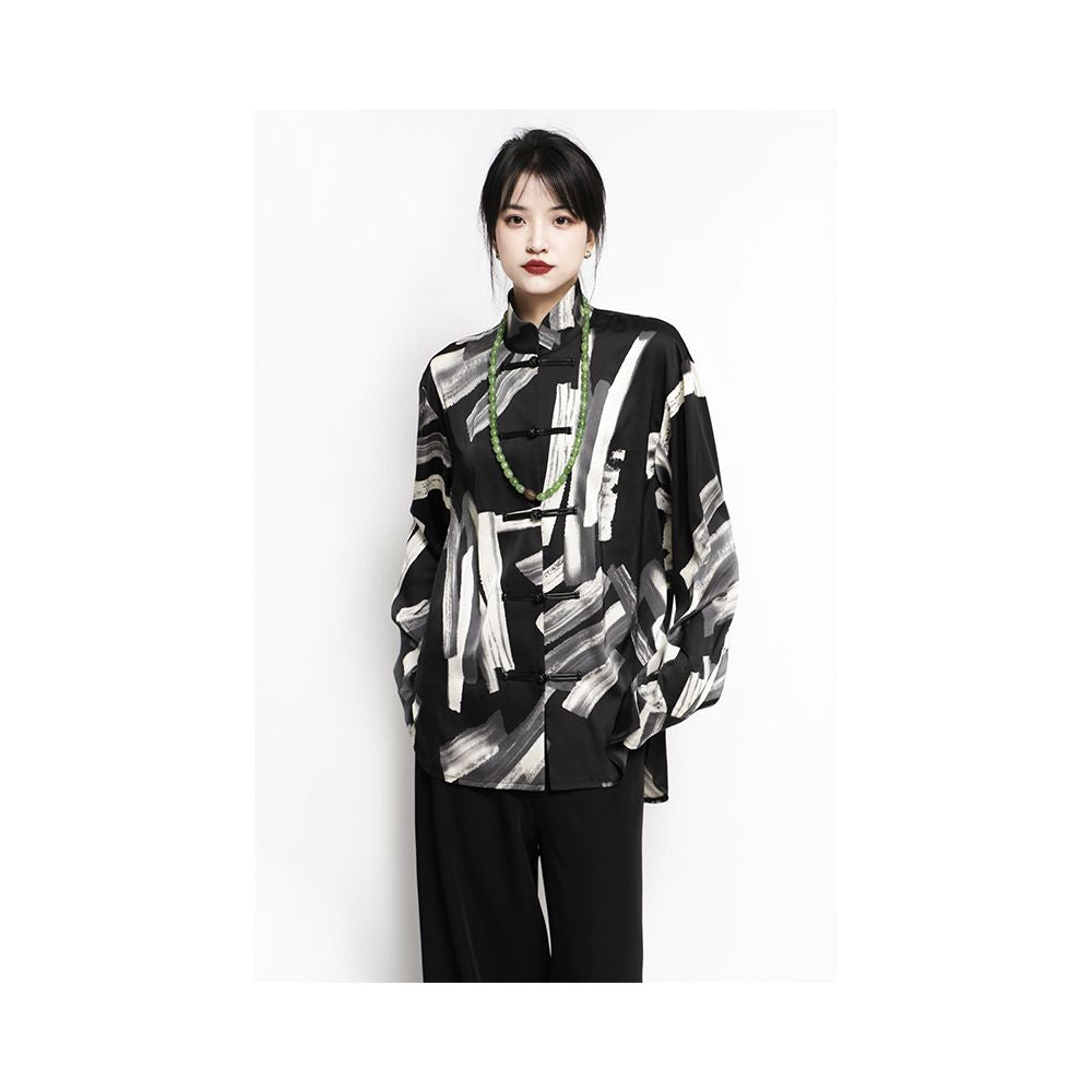 APOZi textured series unisex new Chinese style printed stand up collar button up shirt for spring and autumn new vintage shirt image 13