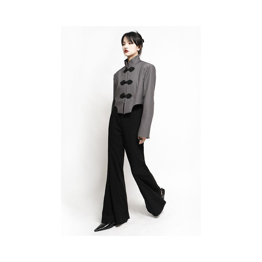 APOZi Crepe Dyeing Series New Chinese style Pan Button Small Suit Short Tall Grey Stand up Collar Jacket for Women Autumn Collection image 1