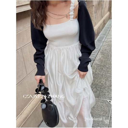 Asaya557 - Home Spring New Korean CZ Square Collar Strap Clean Color Hooded Long Skirt Sleeveless High Waist Princess Skirt 62069