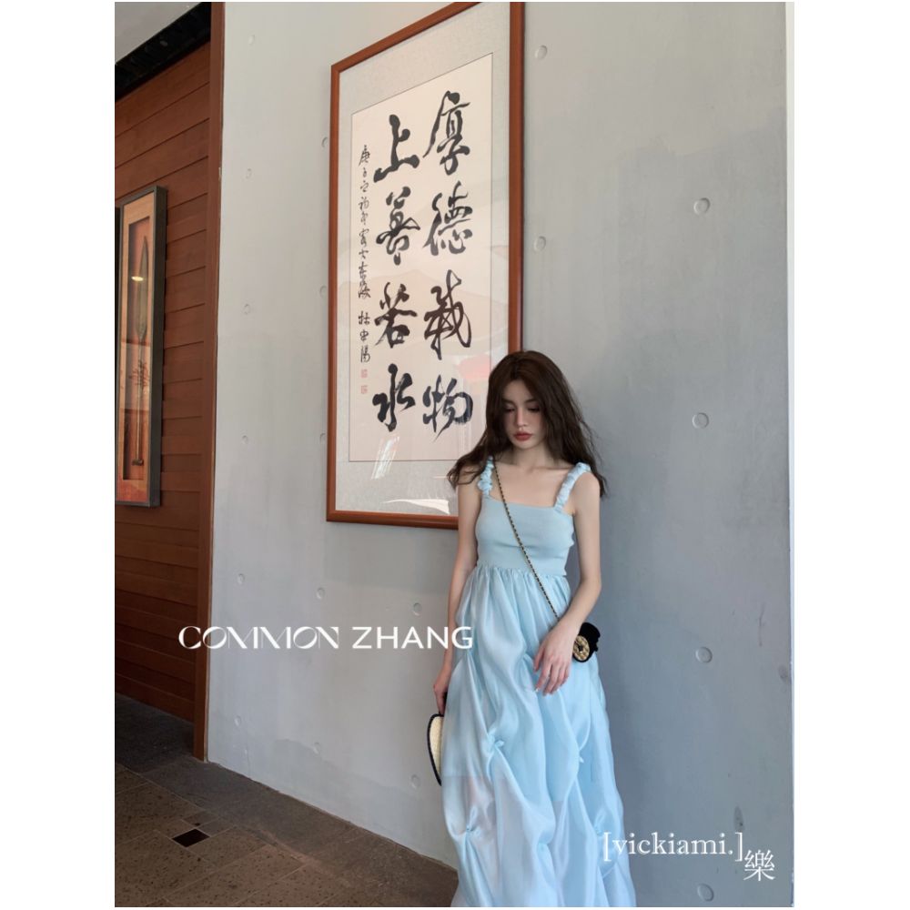 Home Spring New Korean CZ Square Collar Strap Clean Color Hooded Long Skirt Sleeveless High Waist Princess Skirt 62069 image 2