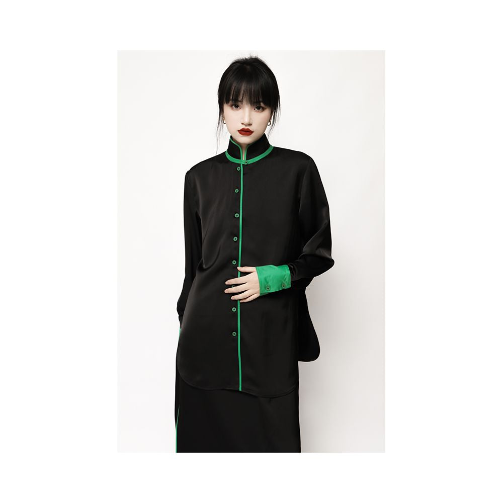 APOZi green series unisex black new Chinese style stand up collar shirt for women s autumn and winter new design sense top image 6
