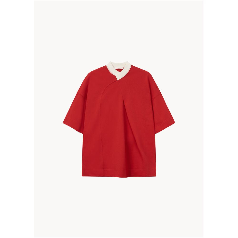 STUDIO YI AN Chinese style stand up collar red curved T shirt for both men and women summer loose short sleeved shirt image 8