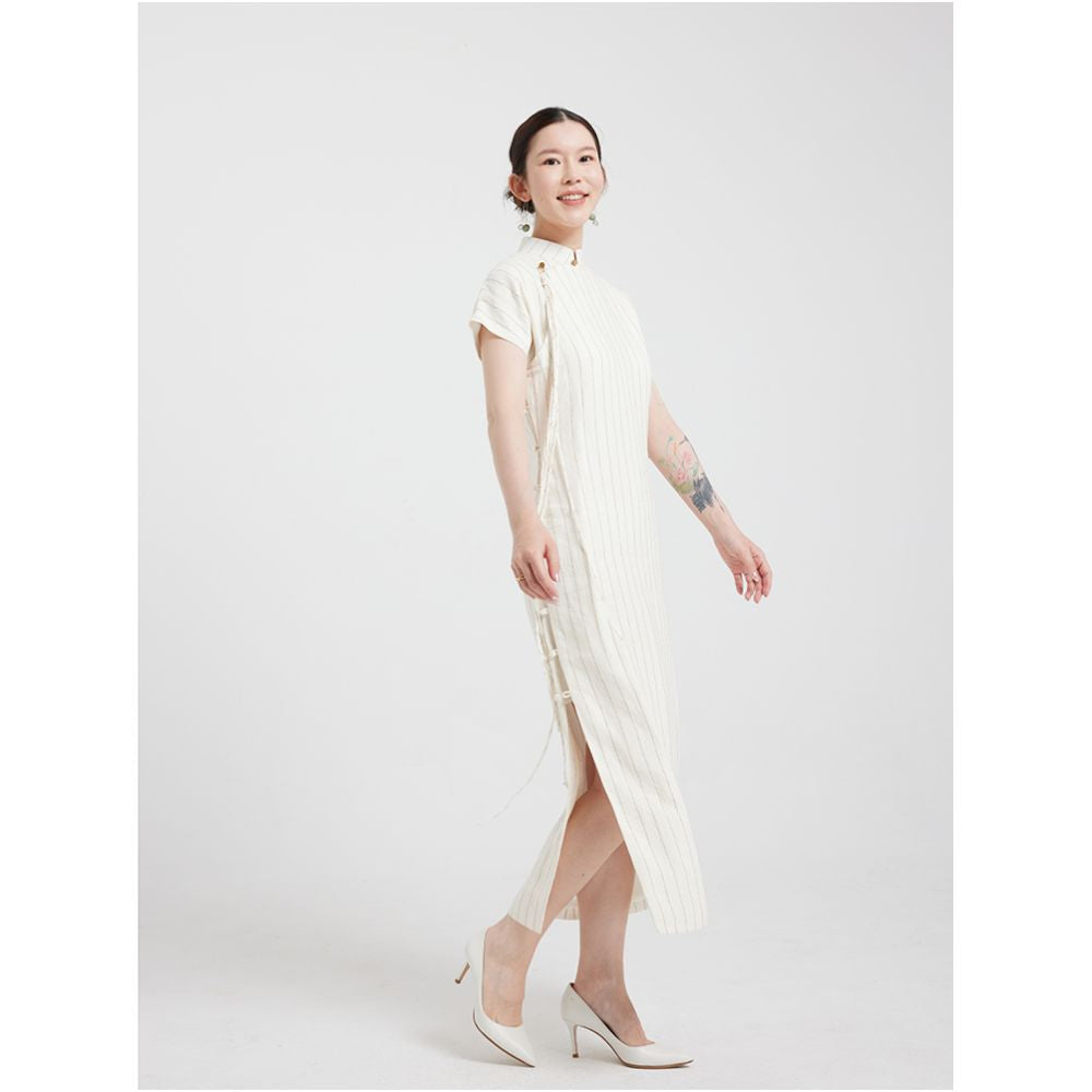 Original Qipao by Wang Futian Zen inspired imported linen handmade tassel long sleeveless ancient style qipao image 0