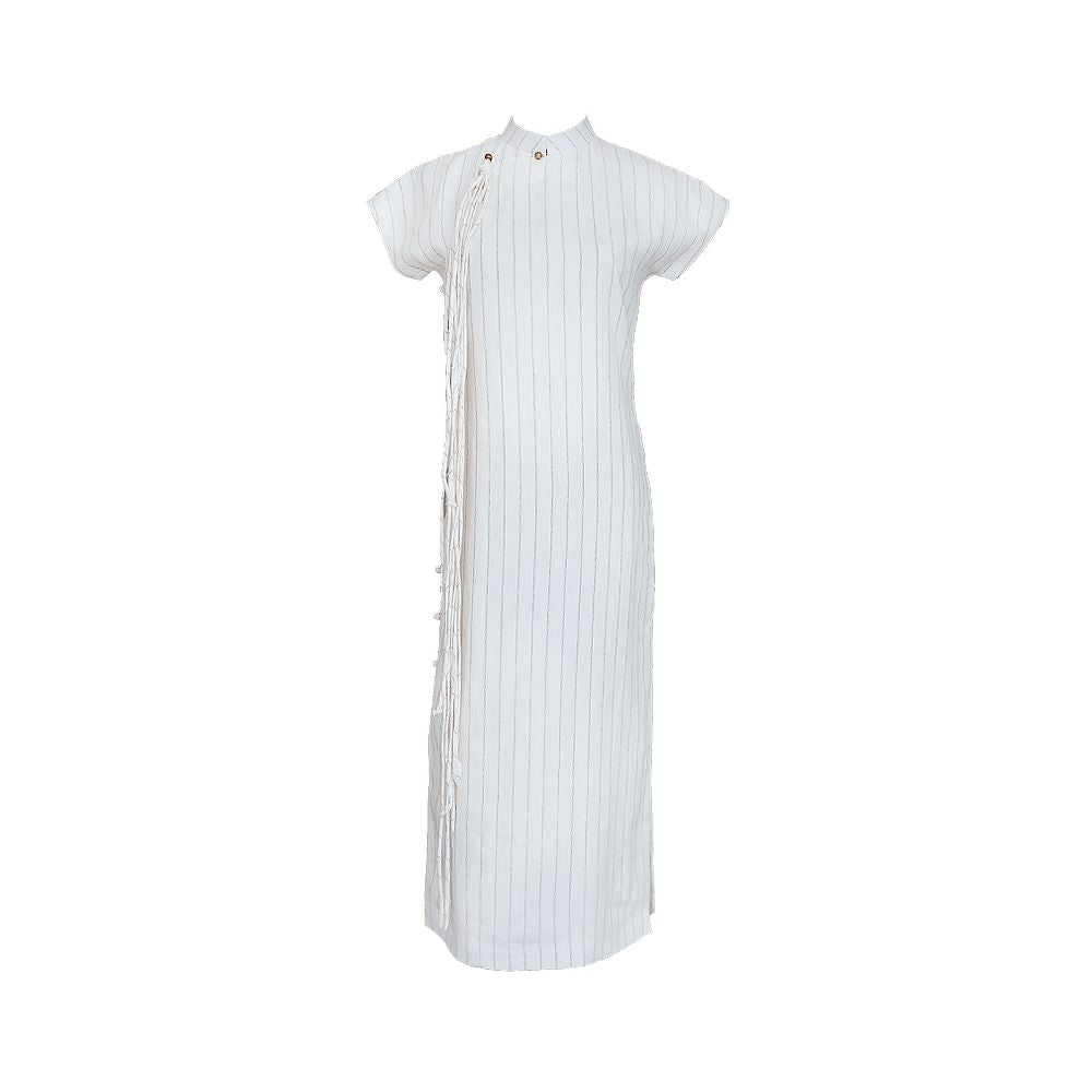 Original Qipao by Wang Futian Zen inspired imported linen handmade tassel long sleeveless ancient style qipao image 13