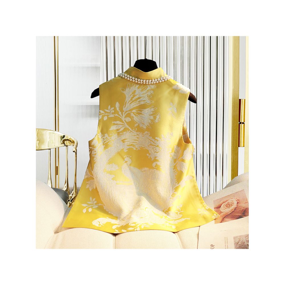 Yellow Retro Chinese Vest Women s Autumn Dress Improved Cheongsam Jacquard Silk Slimming Tank Top Camry Shoulder Chinese Style Tang Dress image 3