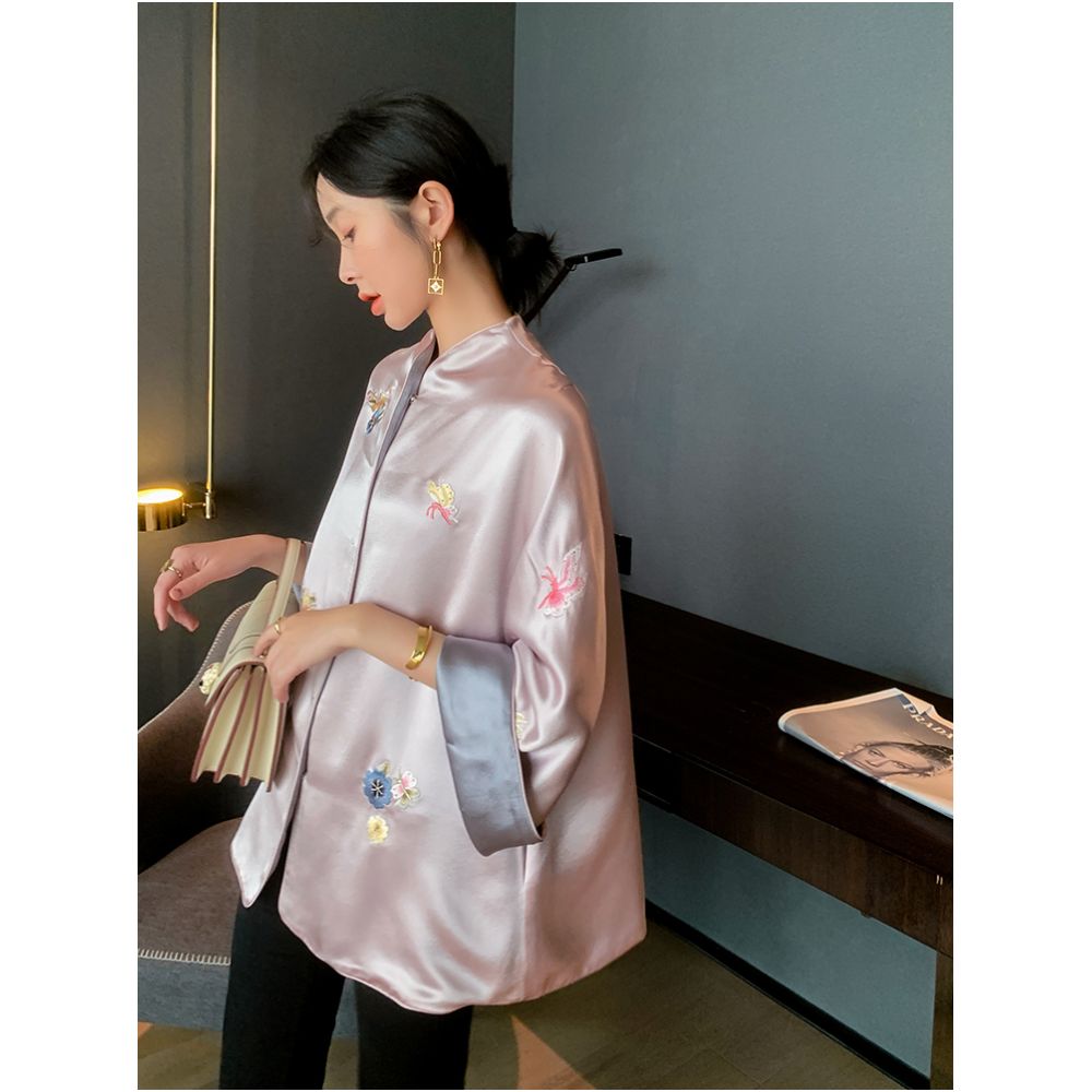 New Chinese style artistic retro loose jacket acetate satin with double sided puncture embroidery Tang style Hanfu spring outer outfit women s top image 1