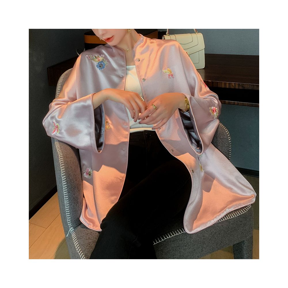 New Chinese style artistic retro loose jacket acetate satin with double sided puncture embroidery Tang style Hanfu spring outer outfit women s top image 8