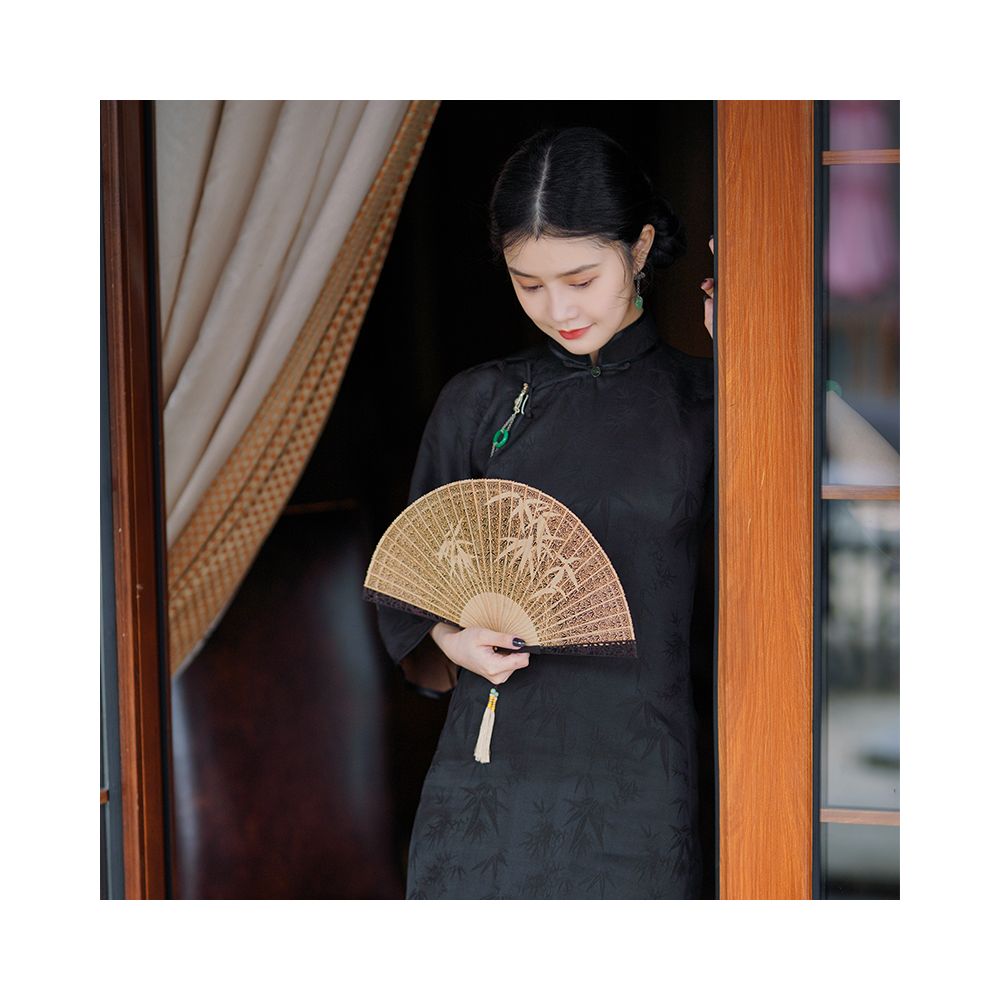 Inverted large sleeve cheongsam for young girls 2025 new style fragrant cloud gauze black one piece ancient style full open front cheongsam image 4