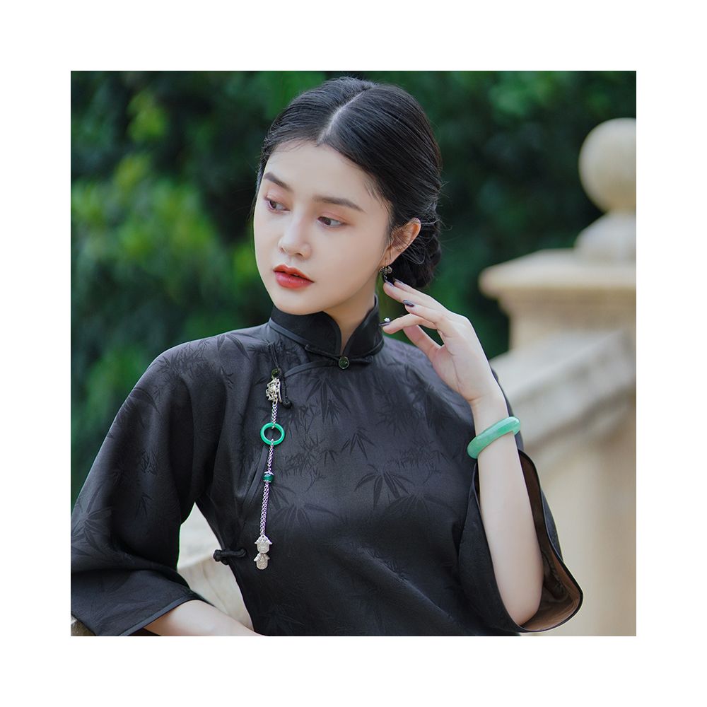 Inverted large sleeve cheongsam for young girls 2025 new style fragrant cloud gauze black one piece ancient style full open front cheongsam image 0