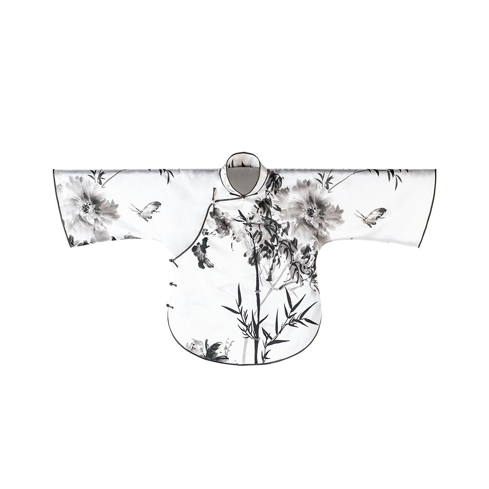 Ink Fragrance Spring and Autumn Silk Mulberry Silk Ink Printing Chinese Retro Republican Style Inverted Big Sleeve Top for Women Short image 11