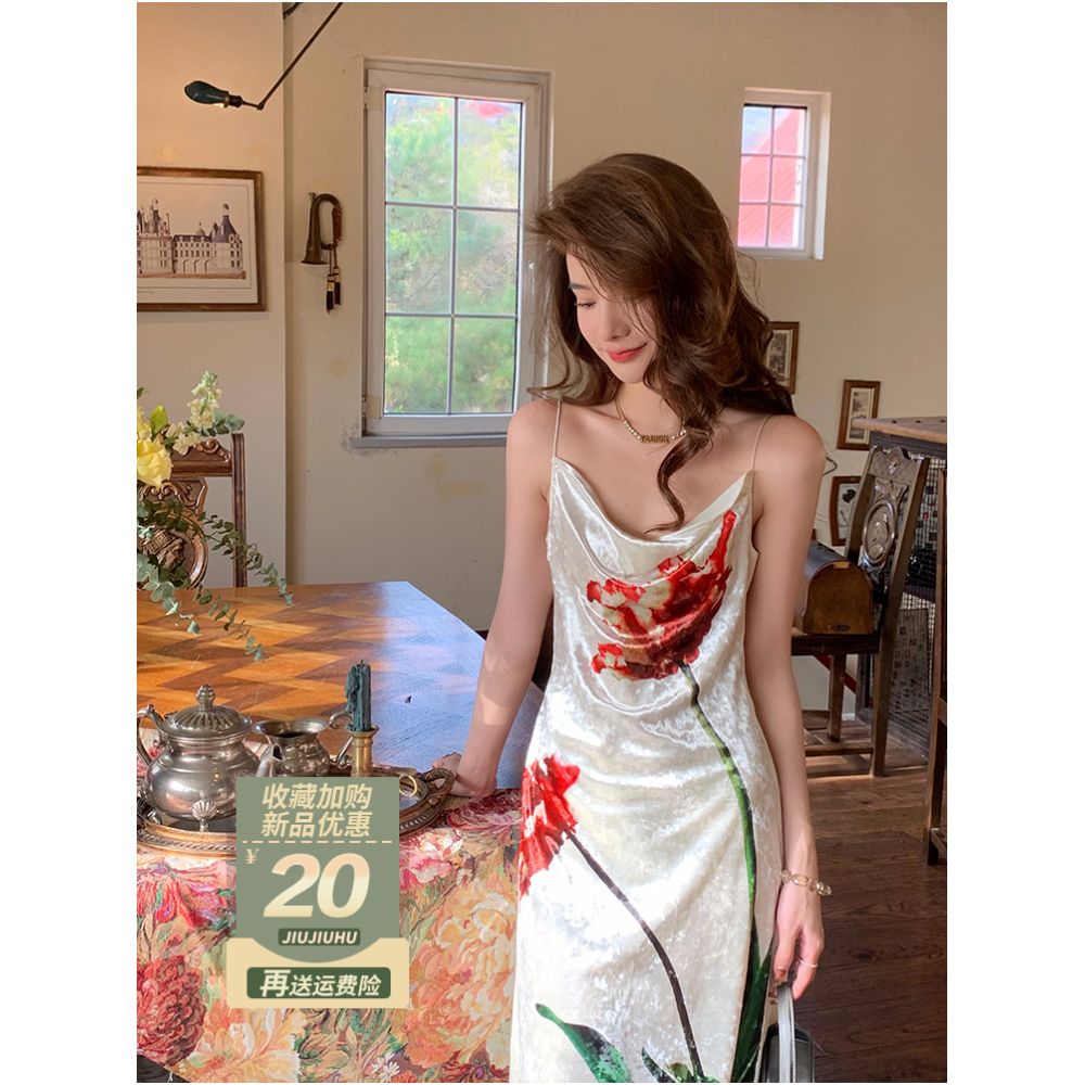 French collar velvet camisole dress for women in autumn 2023 light and mature style with a unique waist closure and floral print long skirt image 1
