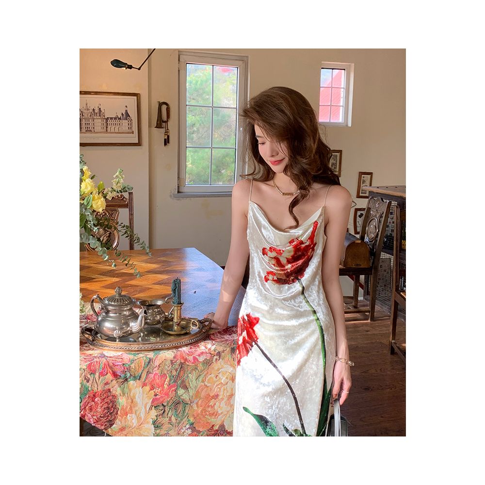 French collar velvet camisole dress for women in autumn 2023 light and mature style with a unique waist closure and floral print long skirt image 7
