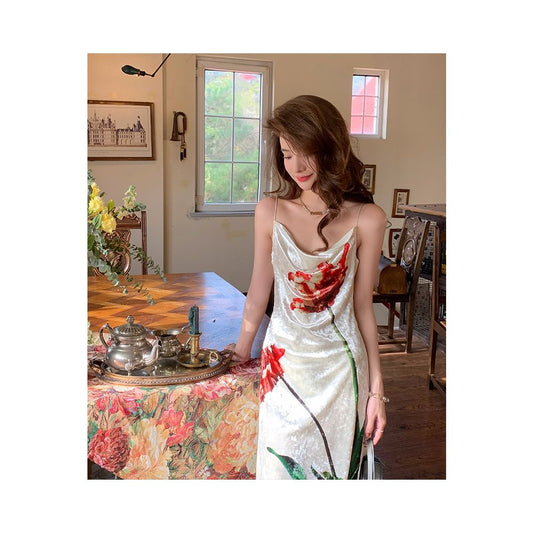 Asaya417 - French collar velvet camisole dress for women in autumn 2023 light and mature style with a unique waist closure and floral print long skirt
