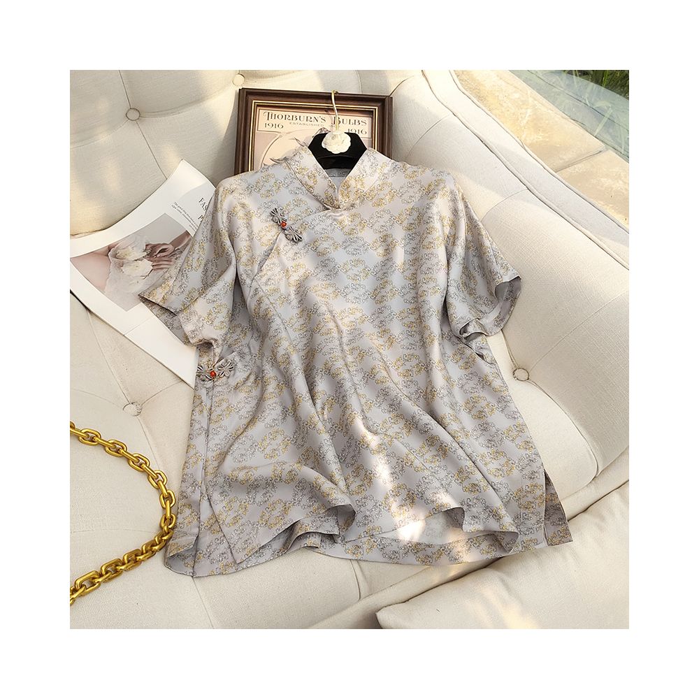 Silk Chinese style top for women retro Chinese style handmade buckle new Chinese style shirt short sleeved top mulberry silk T image 0
