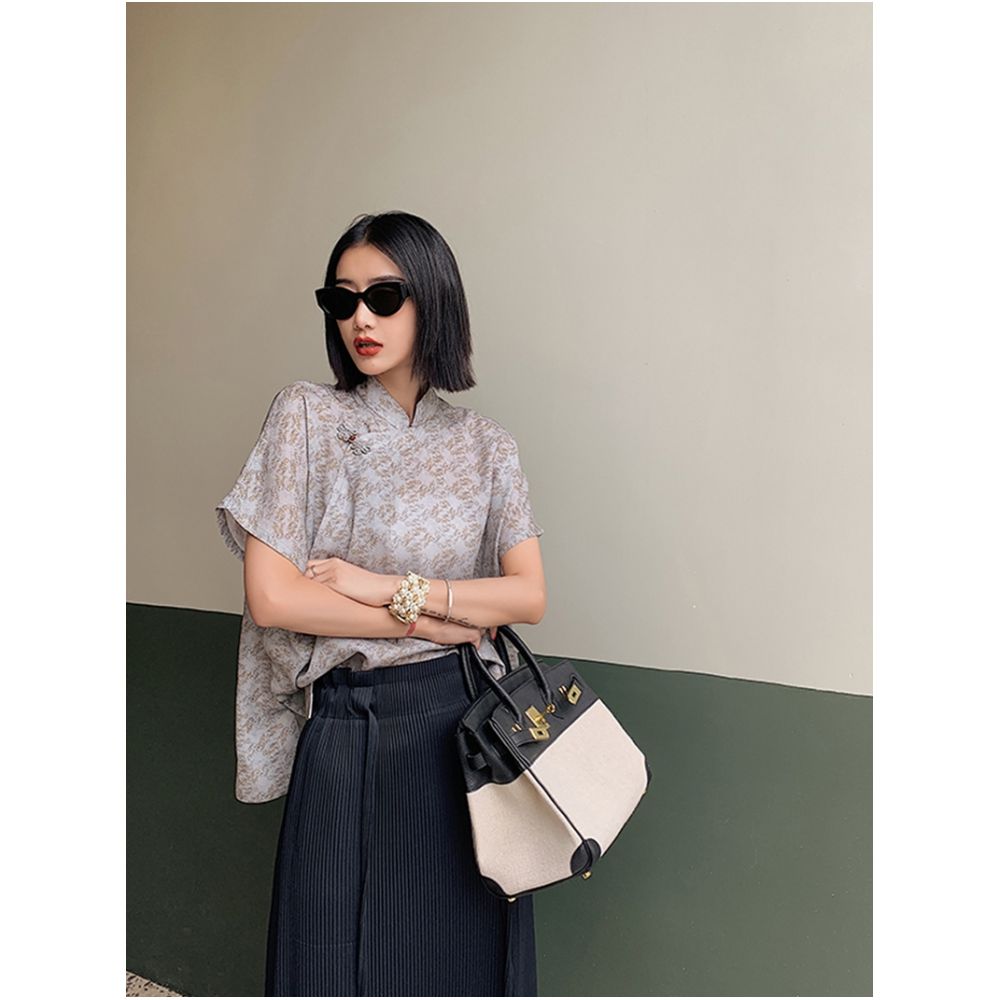 Silk Chinese style top for women retro Chinese style handmade buckle new Chinese style shirt short sleeved top mulberry silk T image 14