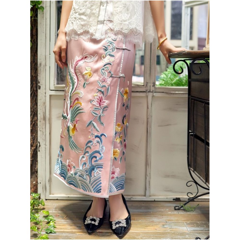 Town Store Baby JCL952 Spring and Autumn Heavy Industry Phoenix Embroidery Delicate Pink Chinese Half body Hip Wrapping Skirt Long Skirt Four Seasons image 1