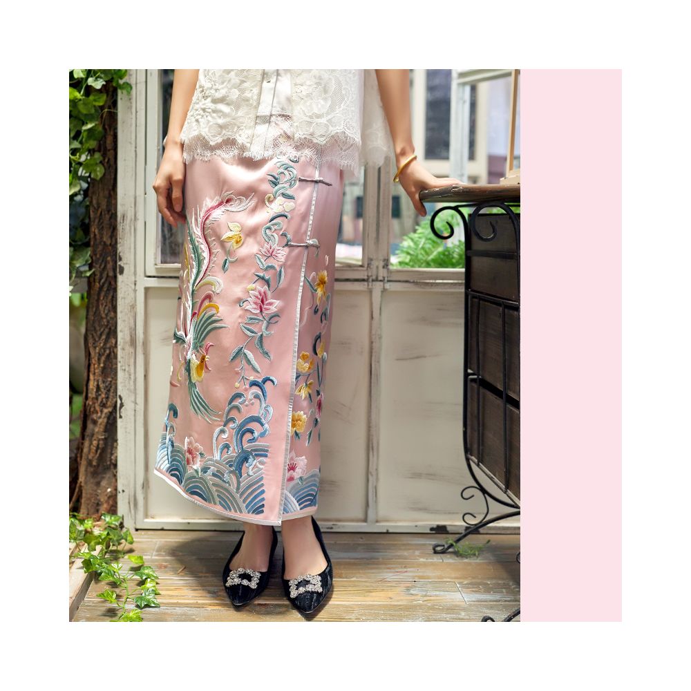 Asaya388 -  Spring and Autumn Heavy Industry Phoenix Embroidery Delicate Pink Chinese Half body Hip Wrapping Skirt Long Skirt Four Seasons