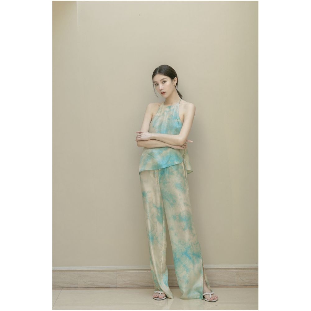 SAKINAWANG 2021SS Summer Original Design Silk Tie Dyeing Drawstring Split Casual Wide Leg Pants Long Pants image 1