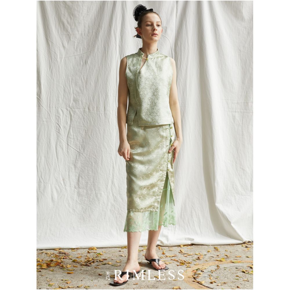 RIMLESS Unlimited Original Custom Vine Jacquard Improved Cheongsam Set with Small Stand up Collar Top and Splicing Half Skirt image 0